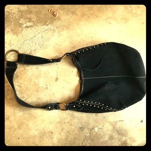 Black suede bucket purse w/ gold studs